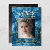 Elegant Blue Gold Glitter Script Photo Afstuderen Aankondigingskaart (Voorkant / Achterkant)