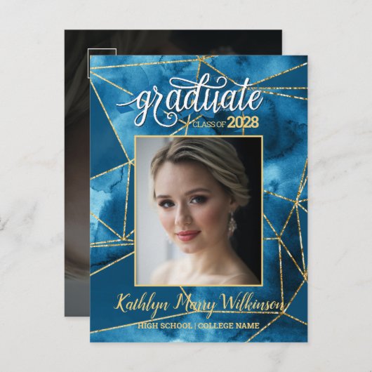 Elegant Blue Gold Glitter Script Photo Afstuderen Aankondigingskaart (Voorkant / Achterkant)