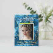 Elegant Blue Gold Glitter Script Photo Afstuderen Aankondigingskaart (Staand voorkant)