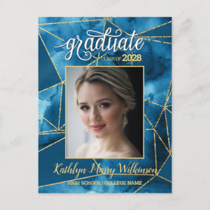 Elegant Blue Gold Glitter Script Photo Afstuderen Uitnodiging Briefkaart