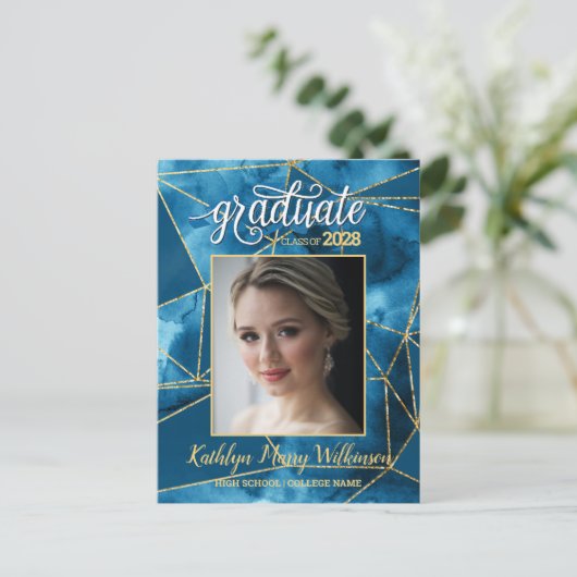 Elegant Blue Gold Glitter Script Photo Afstuderen Uitnodiging Briefkaart (Staand voorkant)