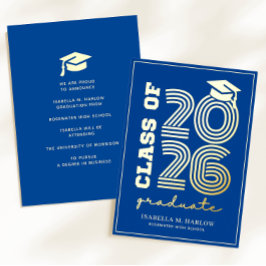 Elegant Blue Gold Graduation YY Announcement Folie Uitnodiging