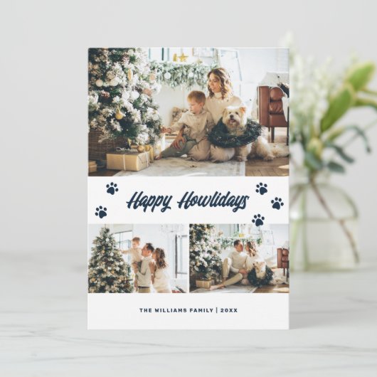 Elegant Blue Gold Happy Howlidays Foto Feestdagenkaart (Staand voorkant)