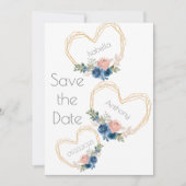 Elegant Blue Gold Heart Floral Names Weddenschap S Save The Date (Voorkant)