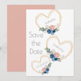 Elegant Blue Gold Heart Floral Names Weddenschap S Save The Date