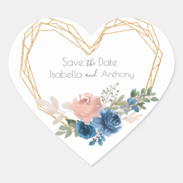Elegant Blue Gold Heart Floral Names Wedding Hart Sticker