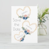 Elegant Blue Gold Heart Floral Names Wedding Save The Date (Staand voorkant)