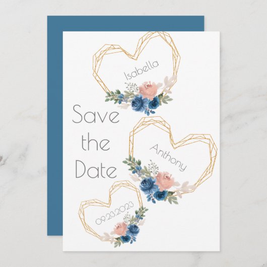 Elegant Blue Gold Heart Floral Names Wedding Save The Date (Voorkant / Achterkant)