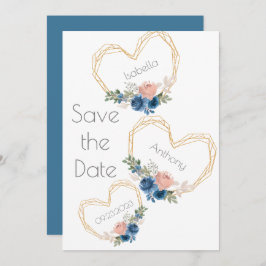 Elegant Blue Gold Heart Floral Names Wedding Save The Date