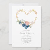 Elegant Blue Gold Heart Floral Wedding Invitation Kaart (Voorkant)