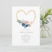 Elegant Blue Gold Heart Floral Wedding Invitation Kaart (Staand voorkant)