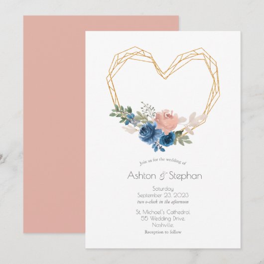 Elegant Blue Gold Heart Floral Wedding Invitation Kaart (Voorkant / Achterkant)
