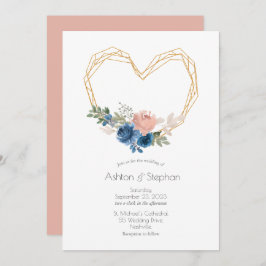 Elegant Blue Gold Heart Floral Wedding Invitation Kaart