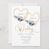 Elegant Blue Gold Heart Floral Wedding Invitation Kaart (Voorkant)
