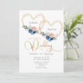 Elegant Blue Gold Heart Floral Wedding Invitation Kaart (Staand voorkant)