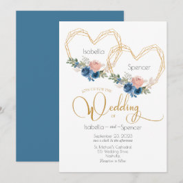 Elegant Blue Gold Heart Floral Wedding Invitation Kaart