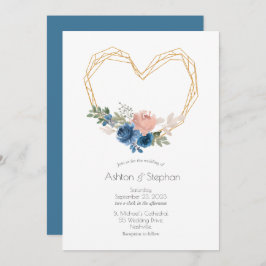 Elegant Blue Gold Heart Floral Wedding Kaart