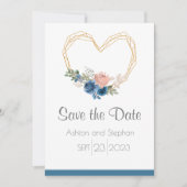 Elegant Blue Gold Heart Floral Wedding Save The Date (Voorkant)