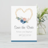 Elegant Blue Gold Heart Floral Wedding Save The Date (Staand voorkant)