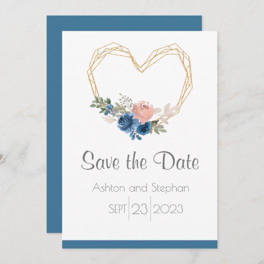 Elegant Blue Gold Heart Floral Wedding Save The Date (Voorkant / Achterkant)