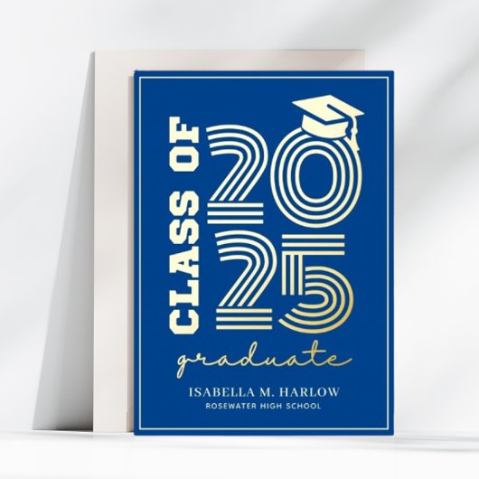 Elegant Blue Gold Highschool Afstudeerder Folie Uitnodiging