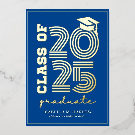 Elegant Blue Gold Highschool Afstudeerder Folie Uitnodiging (Voorkant)