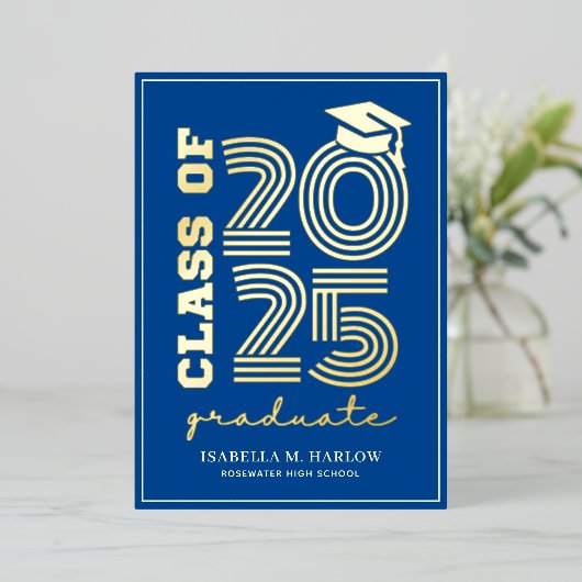 Elegant Blue Gold Highschool Afstudeerder Folie Uitnodiging (Staand Voorkant)