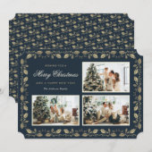 Elegant Blue Gold Holly Family 3 Fotokerstfeest Feestdagenkaart (Voorkant / Achterkant)