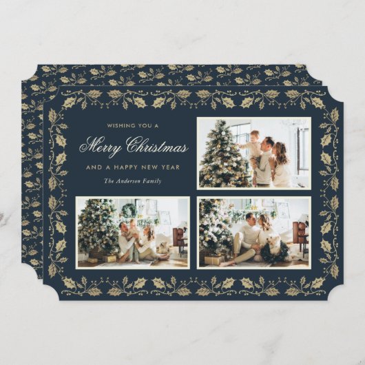 Elegant Blue Gold Holly Family 3 Fotokerstfeest Feestdagenkaart (Voorkant / Achterkant)