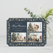 Elegant Blue Gold Holly Family 3 Fotokerstfeest Feestdagenkaart (Staand voorkant)