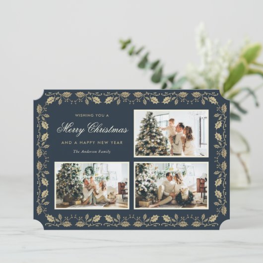 Elegant Blue Gold Holly Family 3 Fotokerstfeest Feestdagenkaart (Staand voorkant)
