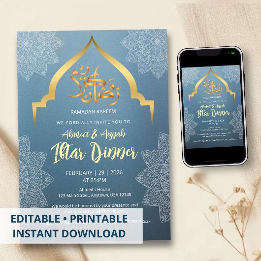 Elegant Blue & Gold Iftar Invitation Kaart