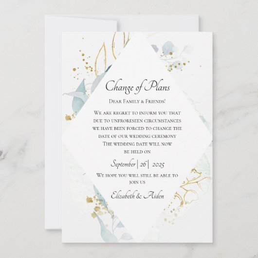 Elegant Blue Gold( Imitat) Watercolour Wedding Kaart (Voorkant)