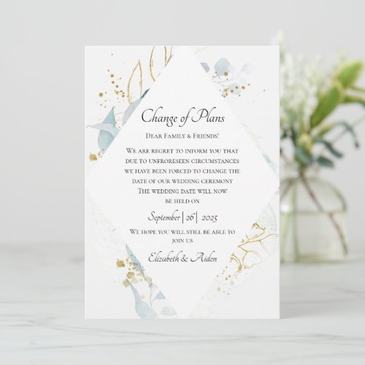 Elegant Blue Gold( Imitat) Watercolour Wedding Kaart (Staand voorkant)