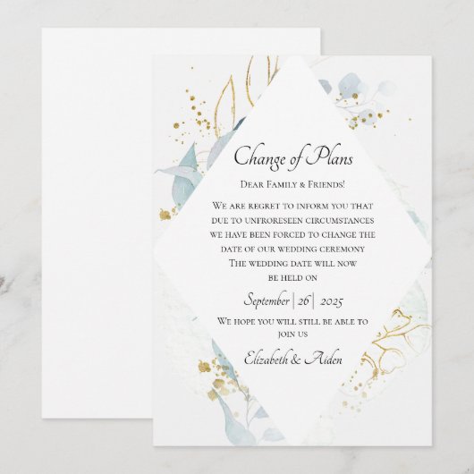 Elegant Blue Gold( Imitat) Watercolour Wedding Kaart (Voorkant / Achterkant)