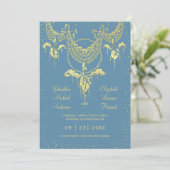 Elegant Blue Gold Iris Garland Wedding Invitation Kaart (Staand voorkant)