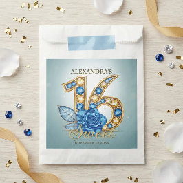 Elegant Blue Gold Jewel Crystal Rose Sweet 16 Bedankzakje