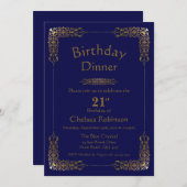 Elegant Blue Gold Lace 21st Birthday Dinner Invite Kaart (Voorkant / Achterkant)