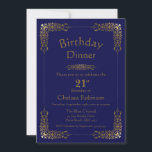 Elegant Blue Gold Lace 21st Birthday Dinner Invite Kaart<br><div class="desc">Een elegant aanpasbaar blauw met gouden  kant 21ste verjaardag uitnodiging voor het diner.</div>
