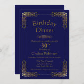 Elegant Blue Gold Lace 30th Birthday Dinner Invite Kaart (Voorkant / Achterkant)