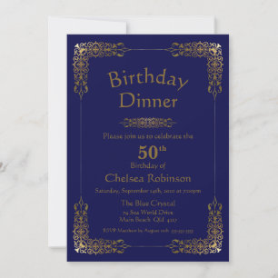 Elegant Blue Gold Lace 50th Birthday Dinner Invite Kaart