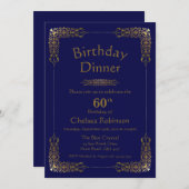 Elegant Blue Gold Lace 60th Birthday Dinner Invite Kaart (Voorkant / Achterkant)
