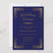 Elegant Blue Gold Lace Birthday Dinner Invitation Kaart (Voorkant)