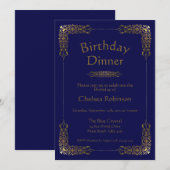 Elegant Blue Gold Lace Birthday Dinner Invitation Kaart (Voorkant / Achterkant)