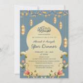Elegant Blue Gold Lanterns & Floral Arch Iftar Kaart (Voorkant)