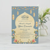 Elegant Blue Gold Lanterns & Floral Arch Iftar Kaart (Staand voorkant)