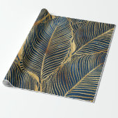 Elegant Blue Gold Leaf-ontwerp Cadeaupapier (Uitgerold)