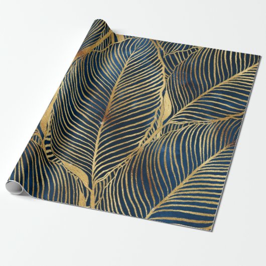Elegant Blue Gold Leaf-ontwerp Cadeaupapier (Uitgerold)