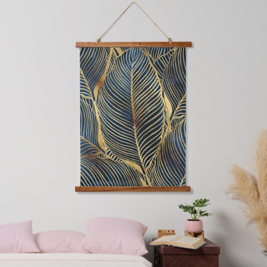 Elegant Blue Gold Leaf-ontwerp Hangend Wandkleed (Slaapkamer)