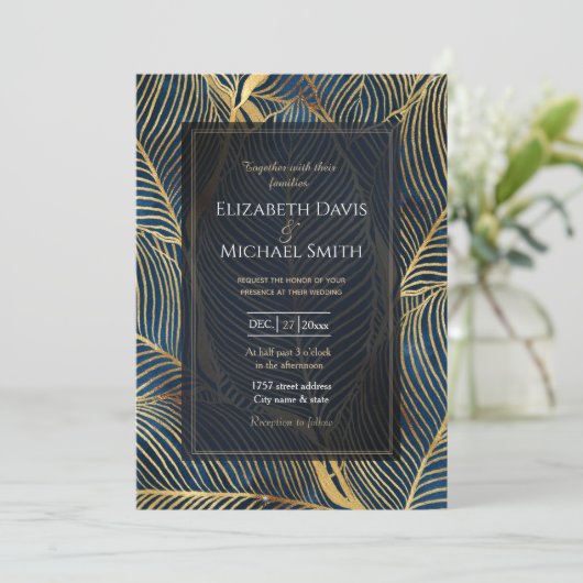 Elegant Blue Gold Leaf-ontwerp Kaart (Staand voorkant)